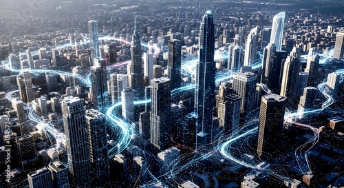 Futuristic Cityscape with Glowing Data Streams Weaving Through S