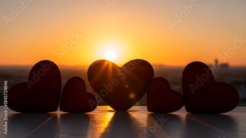 romantic sunset with silhouetted hearts symbolizing love and affection in warm golden hues
