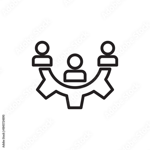 Minimalist line art depicting a gear with people figures nested above, representing cooperation, settings, corporate structure, project management, and operational synergy. Ideal for business.