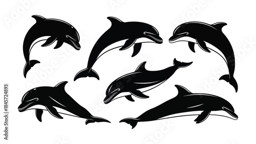 A set of six black dolphin silhouettes in various swimming poses