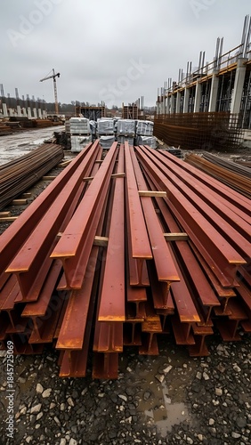 Construction Site with Steel Beams and Building Materials