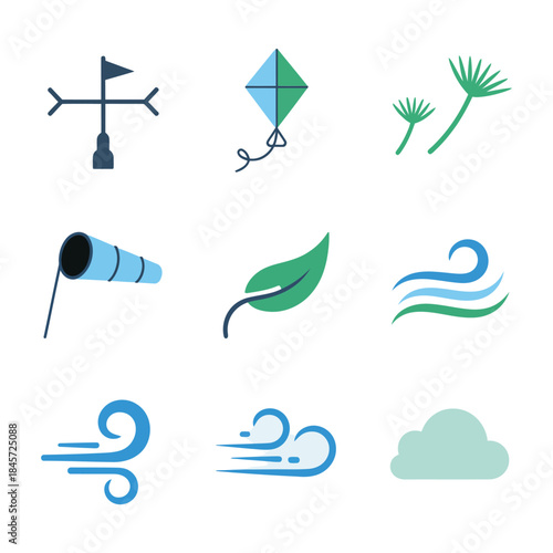 Wind direction icon collection, windsock vane airflow leaf symbols, weather measurement elements, minimal flat vector illustration design pack