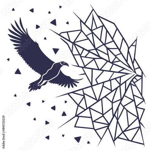 Eagle flying through shattered geometric pattern, stylized vector graphic of a bird breaking through a web or glass structure, dynamic concept of freedom and breaking barriers