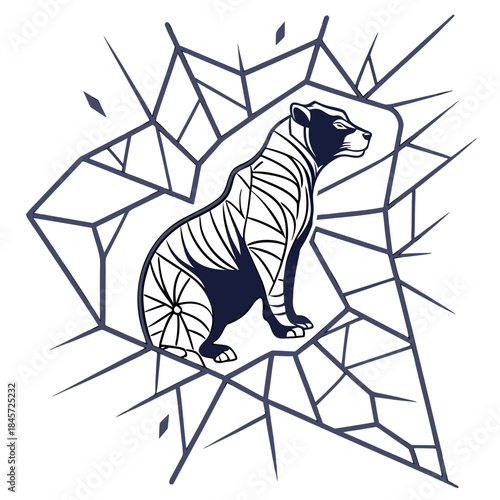 Stylized illustration of a sitting tiger or big cat within a geometric, weblike, or shattered crystal background, tribal or modern art style, dark blue and white