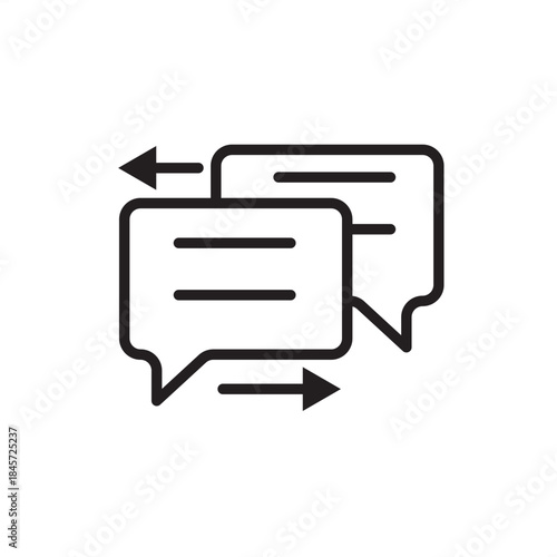 An outline icon featuring two overlapping speech bubbles with directional arrows, symbolizing communication, messaging, conversation, chat, dialogue, discussion, and interactive feedback.