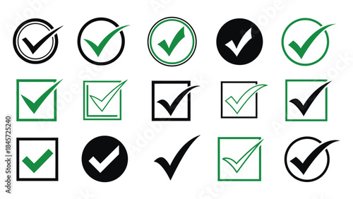 A collection of check mark icons in different styles and colors for digital design and user interfaces