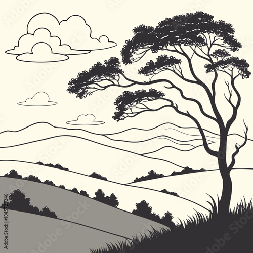 Stylized black and white landscape with pine tree, rolling hills, and clouds in vintage engraving or woodcut art style
