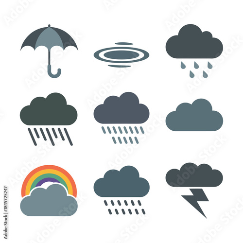 Rain forecast icon collection, umbrella cloud shower rainbow symbols, daily weather prediction elements, clean flat vector illustration design