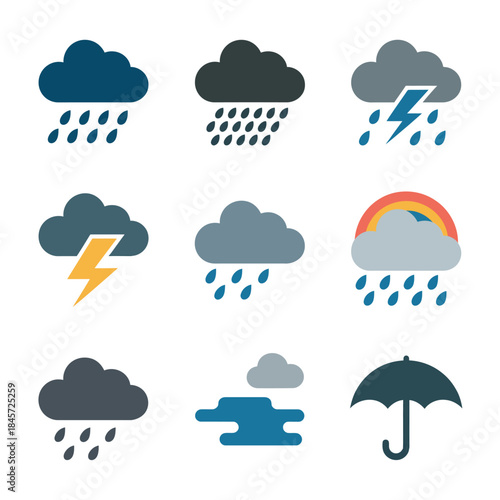 Rainy weather icon set, cloud lightning umbrella storm symbols, climate forecast elements, modern flat vector illustration design collection