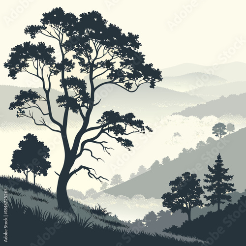 Silhouette of a large, solitary tree on a grassy hillside overlooking misty, layered mountains and valleys at dawn or dusk, stylized landscape art