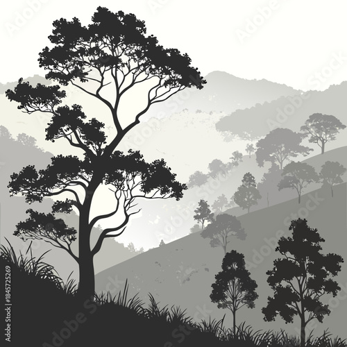 Silhouette of a large tree on a hillside with misty mountains in the background, black and white landscape illustration