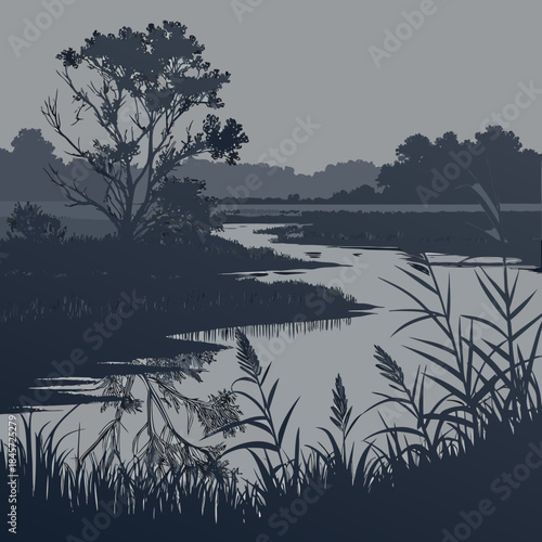 Monochrome landscape silhouette of a winding river or marsh flowing through reeds and trees under a muted sky, evoking a serene natural scene in shades of gray