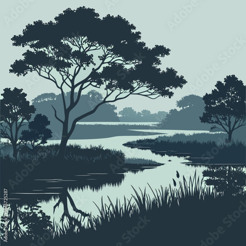 Serene african savannah landscape with acacia tree silhouette overlooking a winding river at dusk or dawn