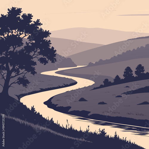 Winding river flowing through rolling hills and valleys at dusk or dawn, stylized landscape illustration with layered mountains and a prominent tree in the foreground