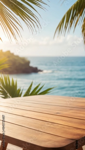Seaside view with wooden table and palm trees near the coast during daytime Generative AI