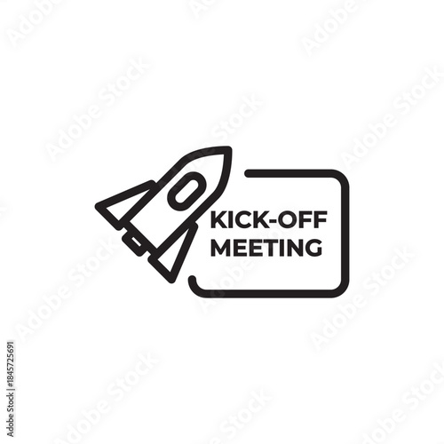 An outline icon featuring a launching rocket next to a sign for a "KICK-OFF MEETING," symbolizing project initiation, new business startups, and the beginning of a fresh campaign. Editable stroke.