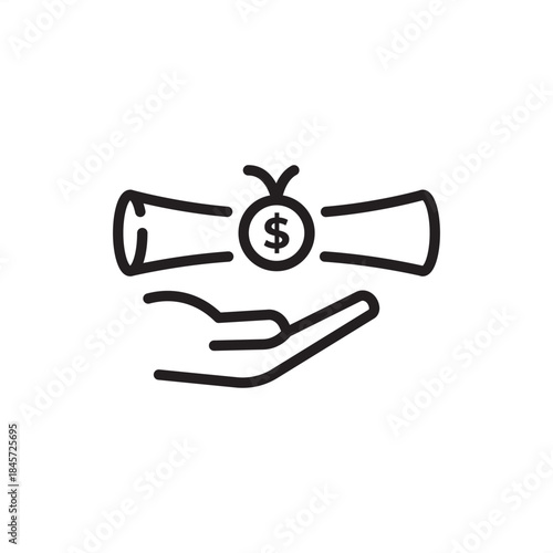 An outline icon of a hand supporting a financial scroll sealed with a dollar sign. It symbolizes investments, grants, scholarships, loans, business certifications, and monetary contracts.