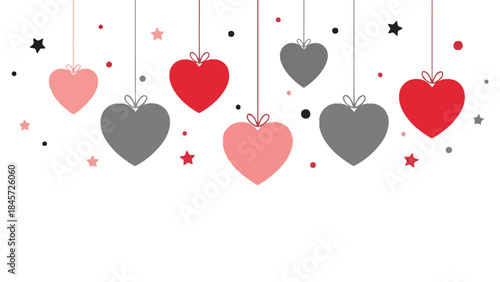 A festive illustration featuring red, pink, and gray hearts hanging from strings on a white background