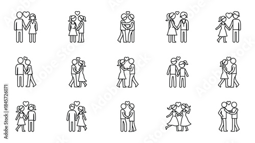 A collection of minimal line icons showing romantic couples in various loving poses