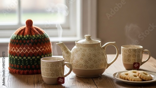Cozy Tea Set with Knitted Cover and Pastries