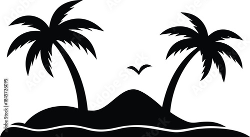 Tropical Island Silhouette with Palm Trees and Bird