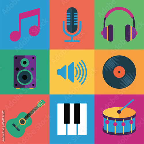 Audio music square icon collection, guitar keyboard drum speaker symbols, sound entertainment production theme, vibrant flat vector illustration