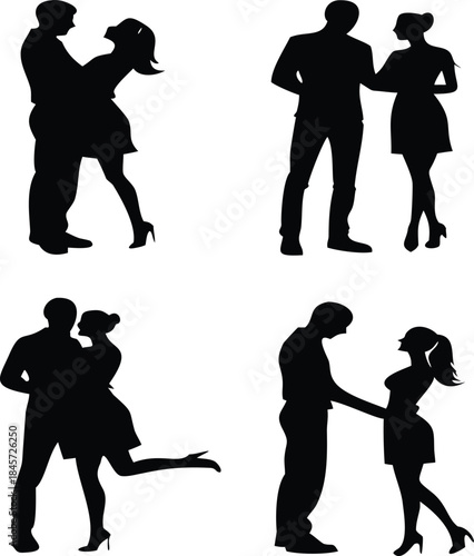 Silhouettes of couples in romantic poses woman