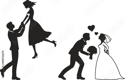 Silhouettes of couples in romantic wedding poses bride