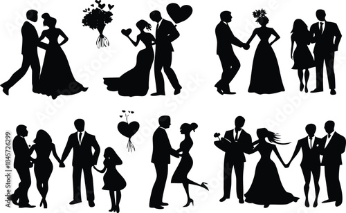 Silhouettes of couples in wedding attire and romantic poses