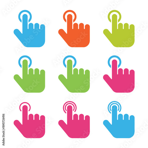Touch gesture hand icon collection, tap press swipe symbols, mobile interaction controls, colorful flat vector illustration set