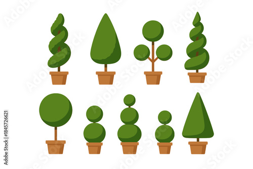 Various shaped topiary trees in pots on white background