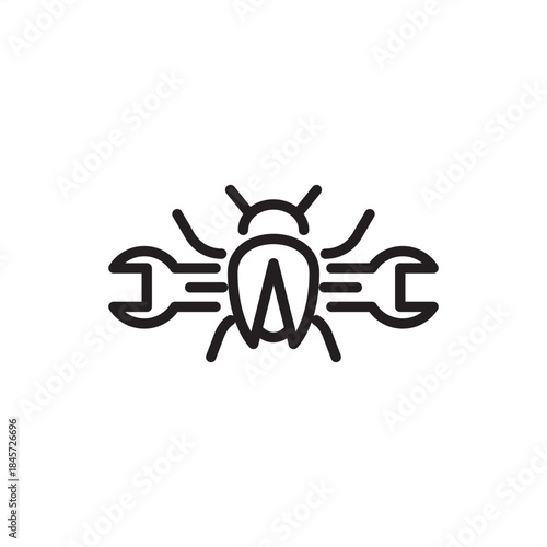 A clever outline icon featuring a computer bug (insect) flanked by two wrenches, symbolizing software debugging, fixing code errors, security patching, and technical maintenance. Editable stroke.