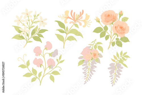 Pastel floral arrangement featuring roses, honeysuckle, daisies, sweet peas, and wisteria