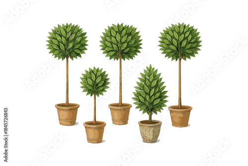 Potted topiary trees collection on white background