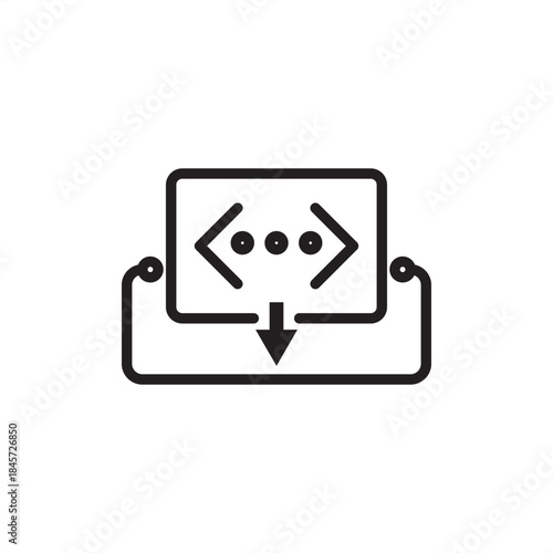An outline icon showing coding brackets on a screen with a download arrow below, symbolizing downloading code, files, source projects, or software updates. 