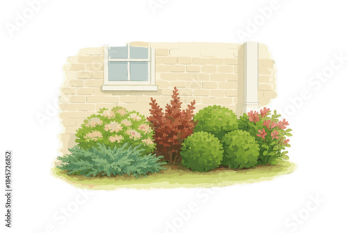 Colorful garden plants against brick wall with window
