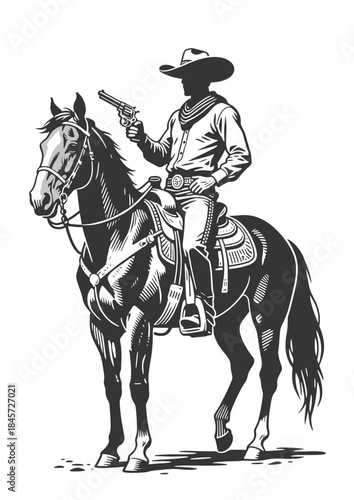 Classic cowboy on horseback drawing revolver in dramatic pose. Bold black and white vintage vector illustration perfect for wild west, western, and cowboy themes.