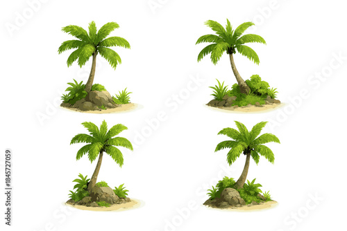 Isolated tropical palm trees on small sandy islands with rock formations
