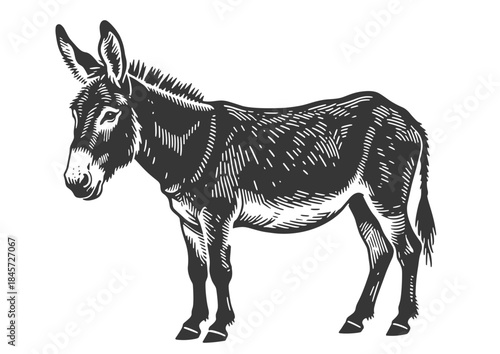 Detailed black and white vintage illustration of standing donkey. Perfect vector for farm, rural, and animal designs.