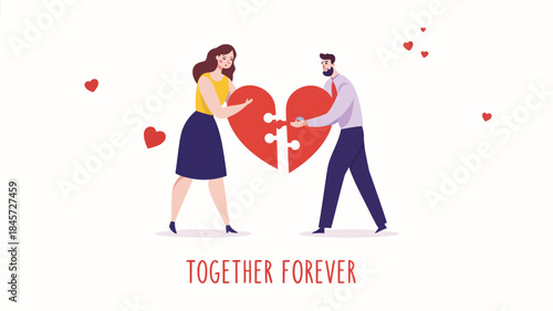 A flat vector illustration of a loving couple putting together a heart shaped puzzle piece symbolizing their eternal love and unity