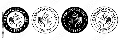 Set dermatologically tested with water drop, leaf, tick, hand, icon, label, logo, badge, line, vector, isolated. Dermatology test, dermatologist, clinically proven, allergy free, skincare product.