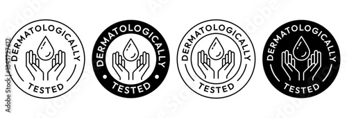 Set dermatologically tested with water drop, leaf, tick, hand, icon, label, logo, badge, line, vector, isolated. Dermatology test, dermatologist, clinically proven, allergy free, skincare product.