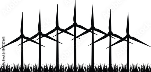 Renewable Energy Wind Turbine vector - Wind turbine farm landscape with clear sky. Black wind turbine silhouette icon set