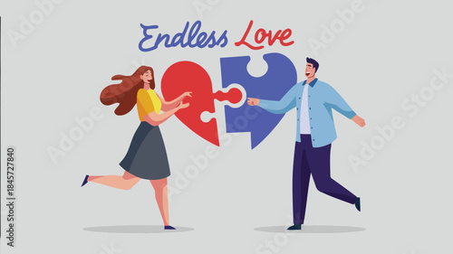 Man and woman connecting heart shaped puzzle pieces endless love relationship