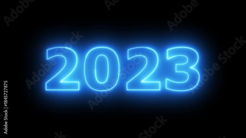 Glowing neon 2023 Happy New Year text with clean neon outlines and subtle. important year, important date 2023. Educational mathematics 2023 animation on background...