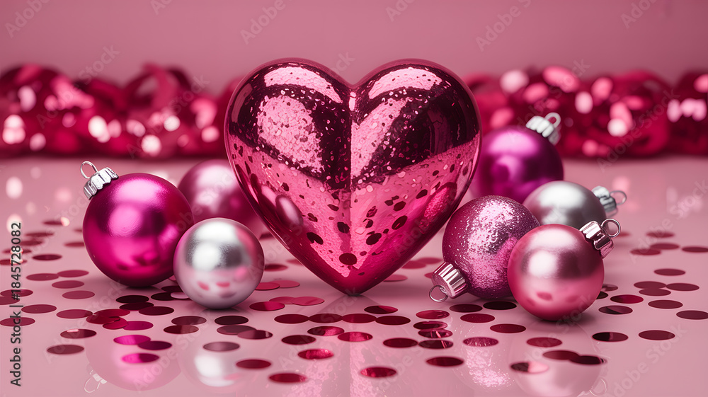 Obraz premium Valentine s day decorations with heart and pearls on pink background with lights