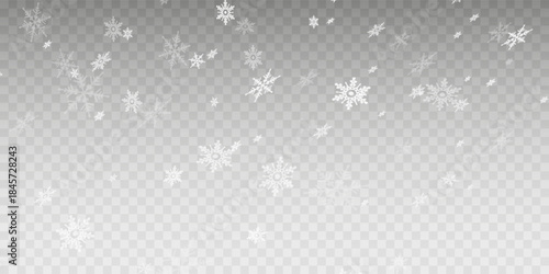 Snowfall sky white transparent wallpaper. Flat snowflakes january vector. Snow hurricane landscape. Set of snow icicles isolated on transparent background. Vector illustration
