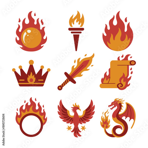 Fantasy fire icon set, flaming crown sword phoenix dragon symbols, medieval myth power theme, bold flat vector illustration