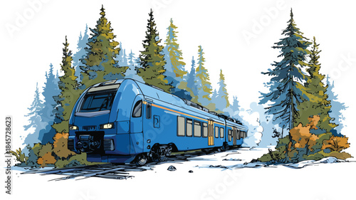 Blue Train Journey Through Forest Vector Illustration with Outline