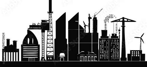 Industrial Cityscape Silhouette With Factories And Cranes